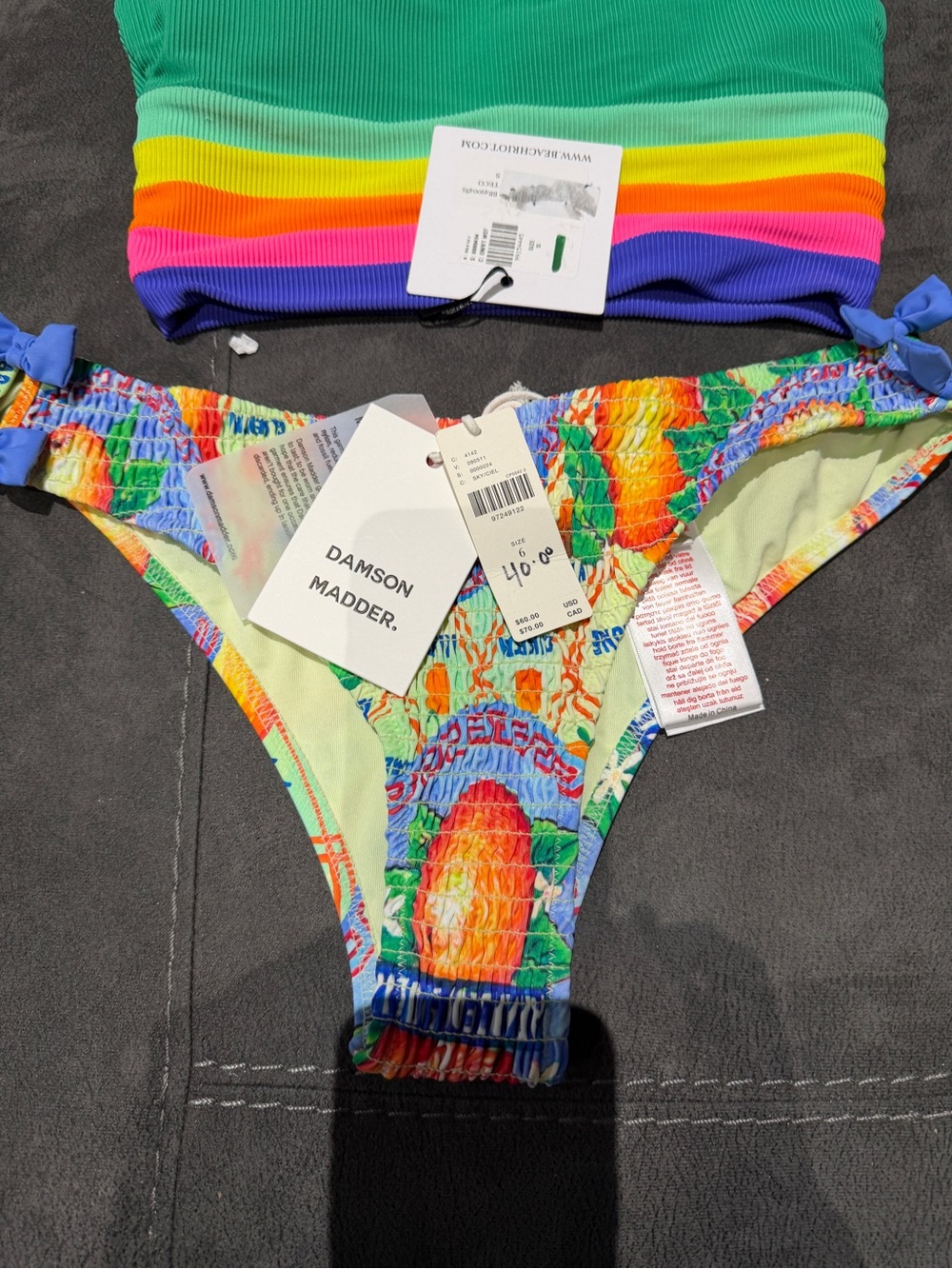Anthropologie Green Ribbed Crop Top & Multicolor Print Bikini Bottoms - Picture 7 of 7